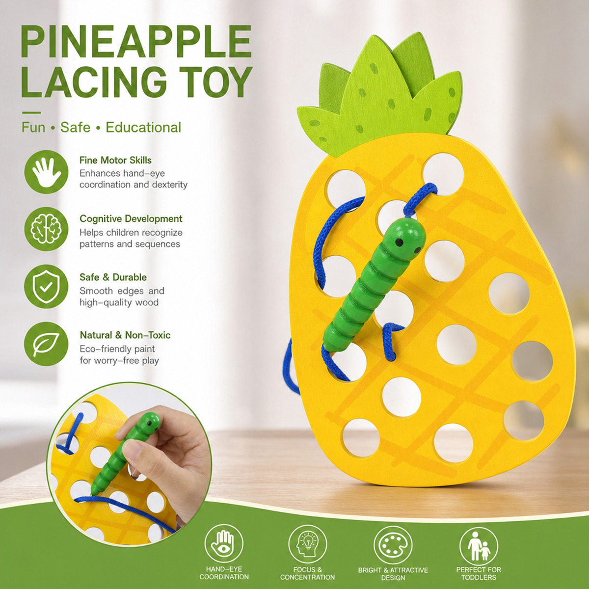 Travel Accessories Baby - Houten veterspel met ananas, draadspeelgoed, puzzelspel,